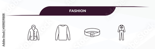 fully editable outline icon collection from fashion concept. thin line icons set such as sweater with pockets, long sleeves, gym belt, working coverall,