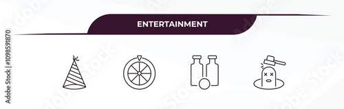 fully editable outline icon collection from entertainment concept. thin line icons set such as party hat, spinning wheel, bottles ball, whack a mole,
