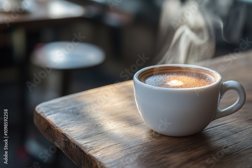 A steaming hot cup of coffee with rising vapor, ideal for cafes and morning routines photo