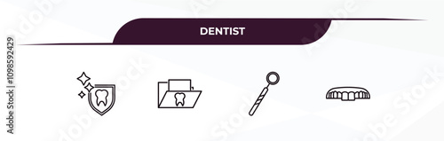 fully editable outline icon collection from dentist concept. thin line icons set such as dental protection, dental folder, dentist mirror, dentures,