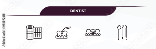fully editable outline icon collection from dentist concept. thin line icons set such as gauze, interproximal, dental prosthesis, dentist tools,