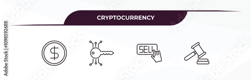 fully editable outline icon collection from cryptocurrency concept. thin line icons set such as dollar, digital key, sell, auction hammer,
