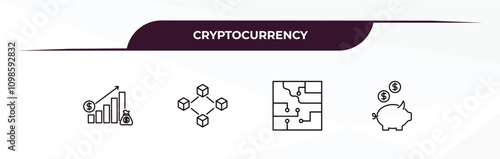 fully editable outline icon collection from cryptocurrency concept. thin line icons set such as budget diagram, blockchain, circuit, piggy bank,