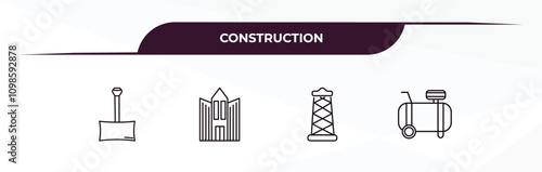 fully editable outline icon collection from construction concept. thin line icons set such as big shovel, big building, big derrick with boxes, air compressor,