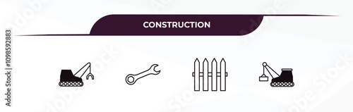 fully editable outline icon collection from construction concept. thin line icons set such as derrick with tong, round wrench, garden fence, derrick with box,