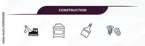 fully editable outline icon collection from construction concept. thin line icons set such as derrick with ball, cement, brush, two screws,