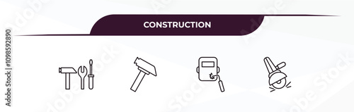 fully editable outline icon collection from construction concept. thin line icons set such as three tools, inclined hammer, welding, grinder,