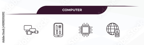 fully editable outline icon collection from computer concept. thin line icons set such as responsive de, restaurant app, chips, internet server,