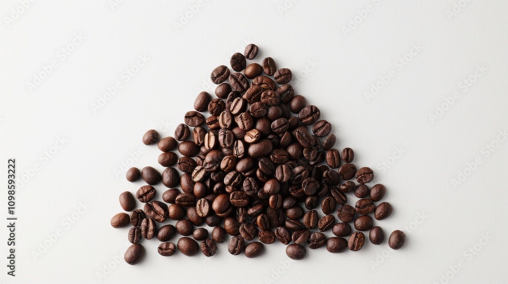 Naklejka premium Coffee beans forming a loose triangle on a white backdrop, emphasizing geometry