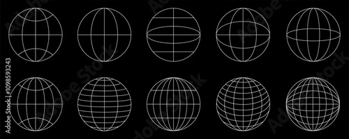 World globe grids icon set, Earth longitude and latitude line, set Earth globe hemispheres, linear striped globes - vector