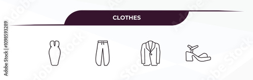 fully editable outline icon collection from clothes concept. thin line icons set such as long bandeau dress, harem pants, jersey blazer, platform sandals,
