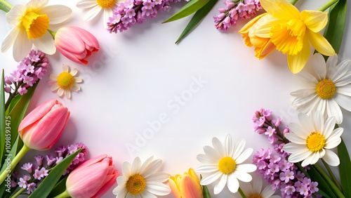 Postcard with delicate flowers. Top down view, many spring flowers, tulips, daffodils, daisies, chamomile, lilac, background made of flowers, soft light pastel colors  a poster a selective focus.