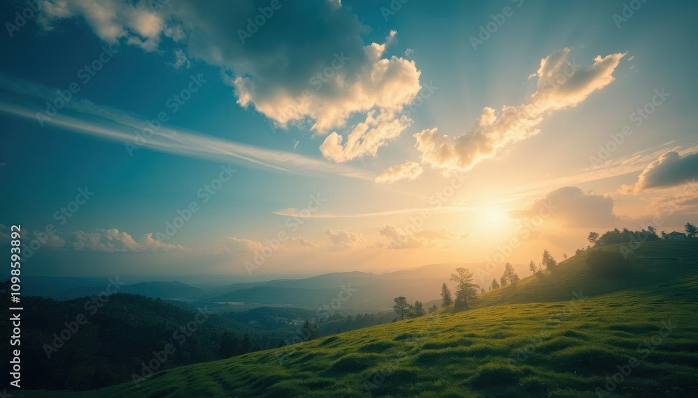 Obraz premium a view of a grassy hill with a sun setting in the distance