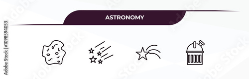 fully editable outline icon collection from astronomy concept. thin line icons set such as asteroid, meteor shower, shooting star, planetarium,