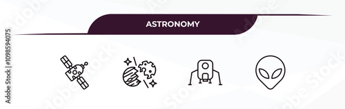 fully editable outline icon collection from astronomy concept. thin line icons set such as space module, space collision, lander, extraterrestial head,