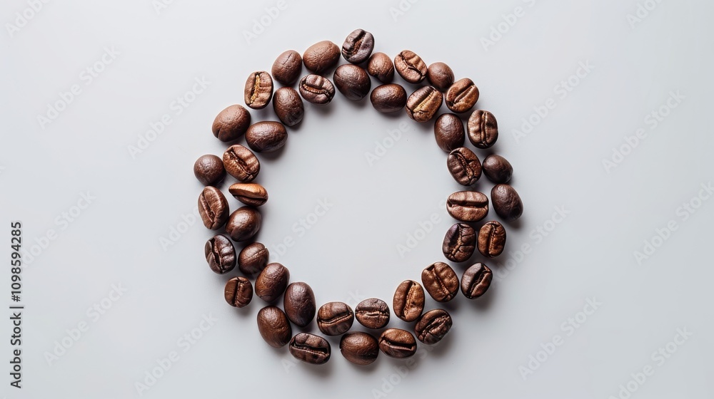Obraz premium Coffee beans forming a circle on a white background, highlighting their shape