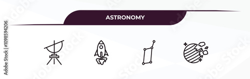 fully editable outline icon collection from astronomy concept. thin line icons set such as dioptra, rocket ship, lyra constellation, destroyed planet,