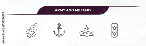 fully editable outline icon collection from army and military concept. thin line icons set such as launcher, naval, submarine front view, shoulder strap,