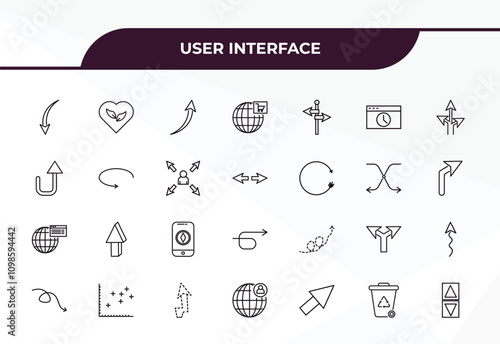 fully editable outline icon collection from user interface concept. thin line icons set such as downward rotation, ecologic heart, rotating arrows, recycling container, elevator arrows,