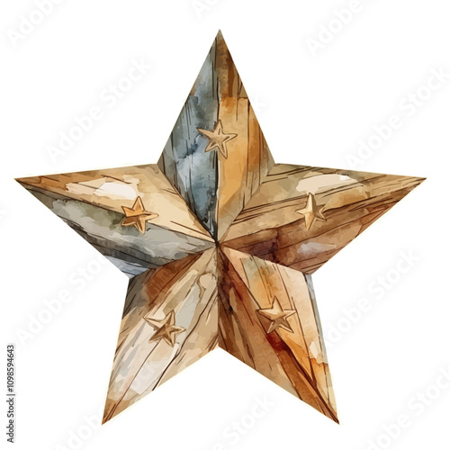 A watercolor painting of a Wooden Christmas Star, isolated on a white background. Wooden Christmas Star vector.
