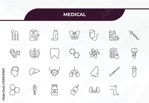 fully editable outline icon collection from medical concept. thin line icons set such as dentist tool, medical records, sternum, kidney, knee,