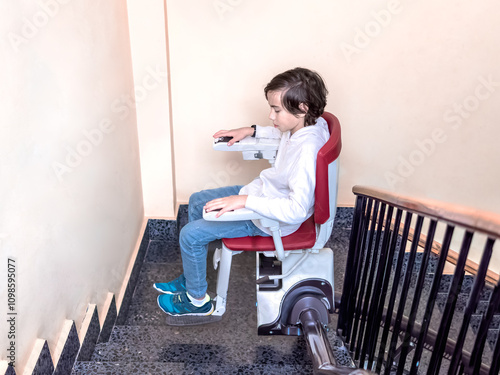 Child Using Stairlift on Indoor Staircase