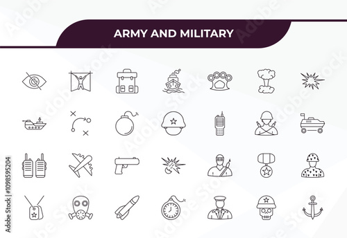 fully editable outline icon collection from army and military concept. thin line icons set such as stealth, torture, strategy, skull army, naval,