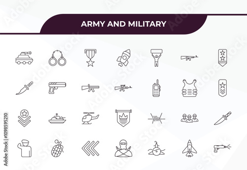 fully editable outline icon collection from army and military concept. thin line icons set such as armored vehicle, pair of handcuffs, pistol, fighter plane, gun shooting,