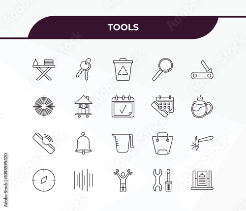 fully editable outline icon collection from tools concept. thin line icons set such as iron table, key ring with two keys, ringing, reparation, daily specials board,