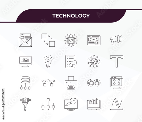 fully editable outline icon collection from technology concept. thin line icons set such as email marketing, interaction, data modelling, growth hacking, kerning,