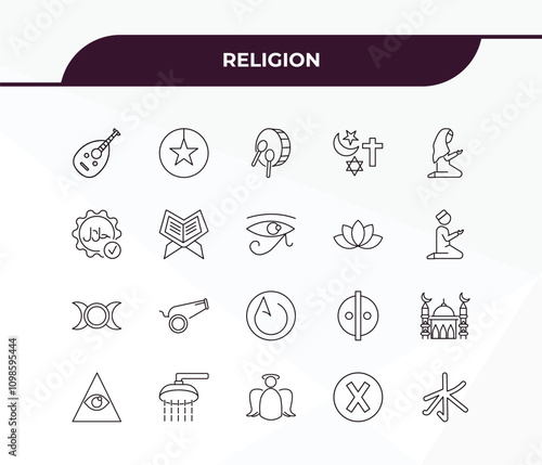 fully editable outline icon collection from religion concept. thin line icons set such as oud, anglican, goddess, cross, confucianism,