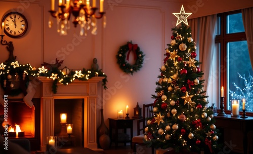 Elegant christmas tree and festive decor in warm candlelit room with vintage clock christmas fireplace design holiday celebration decoration photo