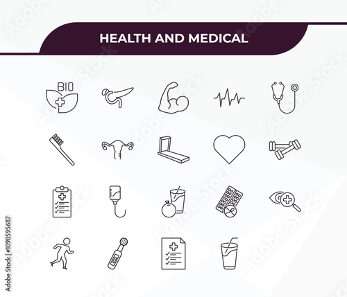fully editable outline icon collection from health and medical concept. thin line icons set such as bio, pancreas, dumbbells, medical file, juice,