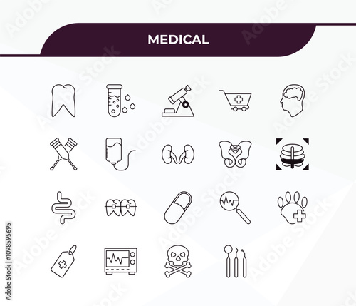 fully editable outline icon collection from medical concept. thin line icons set such as molar tooth, blood analysis, intestines, skull and bone, dentist tool,