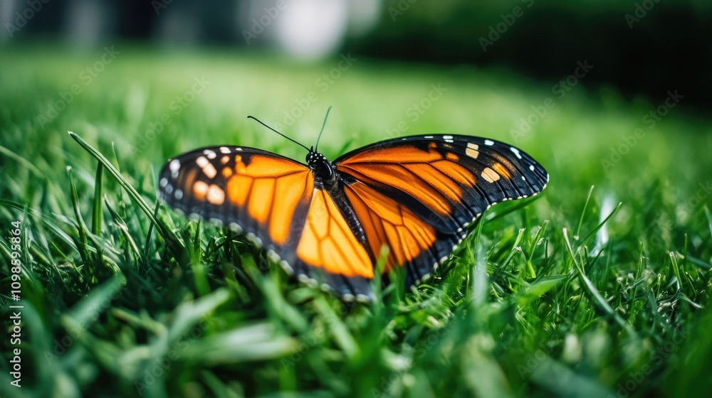 Obraz premium A butterfly perched on a lush green field, perfect for nature-inspired designs and illustrations