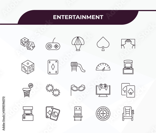 fully editable outline icon collection from entertainment concept. thin line icons set such as dices, game, dunk, roulette, cinema seat,