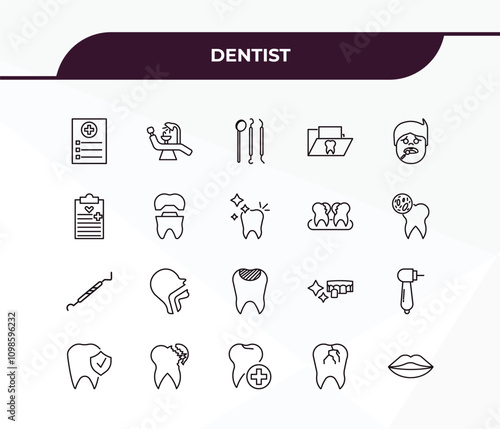 fully editable outline icon collection from dentist concept. thin line icons set such as medical list, dentist chair, periodontal scaler, broken tooth, mouth,