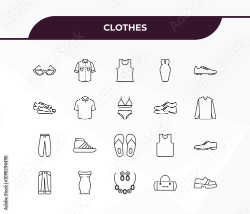 fully editable outline icon collection from clothes concept. thin line icons set such as cat eye glasses, denim shirt, harem pants, barrel handbag, loafer,