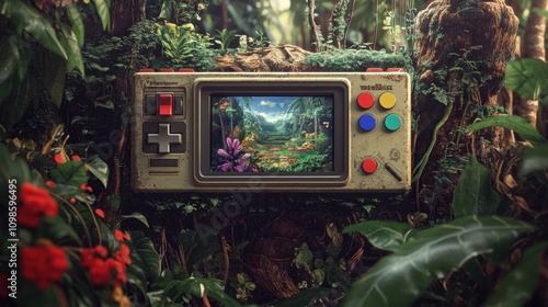 An intricate border design inspired by vintage gaming consoles framing a digital landscape