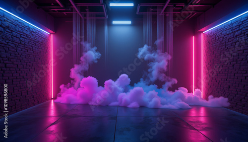  Background of an empty room with brick walls and neon lights, laser lines and multi-colored smoke