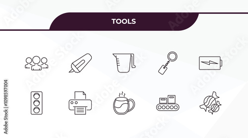 fully editable outline icon collection from tools concept. thin line icons set such as squad, highlight, semaphore light, packing hine, candies,