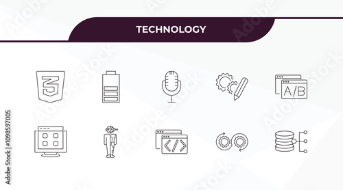 fully editable outline icon collection from technology concept. thin line icons set such as css3, battery status, web apps, devops, data architecture,