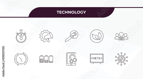 fully editable outline icon collection from technology concept. thin line icons set such as robot vacuum, marketing automation, uptime and downtime, meta elements, multichannel marketing,