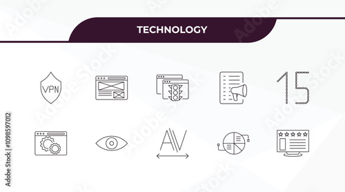 fully editable outline icon collection from technology concept. thin line icons set such as vpn, wireframe, website optimization, structural elements, internet value,