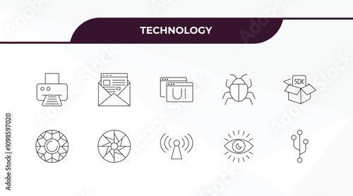 fully editable outline icon collection from technology concept. thin line icons set such as paper printer, email marketing, color value, impressions, version control,