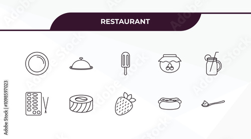 fully editable outline icon collection from restaurant concept. thin line icons set such as round plate, tray and cover, sushi mix, hot dog with ketchup, yogurt with spoon,