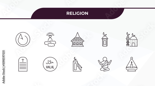 fully editable outline icon collection from religion concept. thin line icons set such as asceticism, god, commandments, buddhist monk, ner tamid,