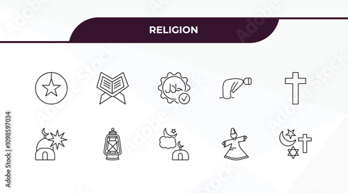 fully editable outline icon collection from religion concept. thin line icons set such as anglican, quran rehal, zuhr prayer, sufi mystic, abrahamic,