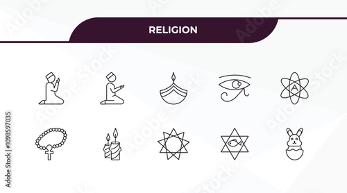 fully editable outline icon collection from religion concept. thin line icons set such as salah, muslim man praying, raya rosary, inclined fish, easter bunny,