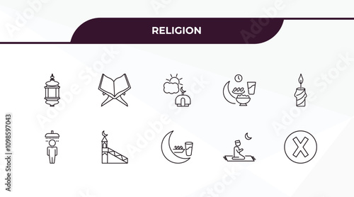 fully editable outline icon collection from religion concept. thin line icons set such as arabian lantern, mushaf, islamic ghusl, islamic pray, cross,